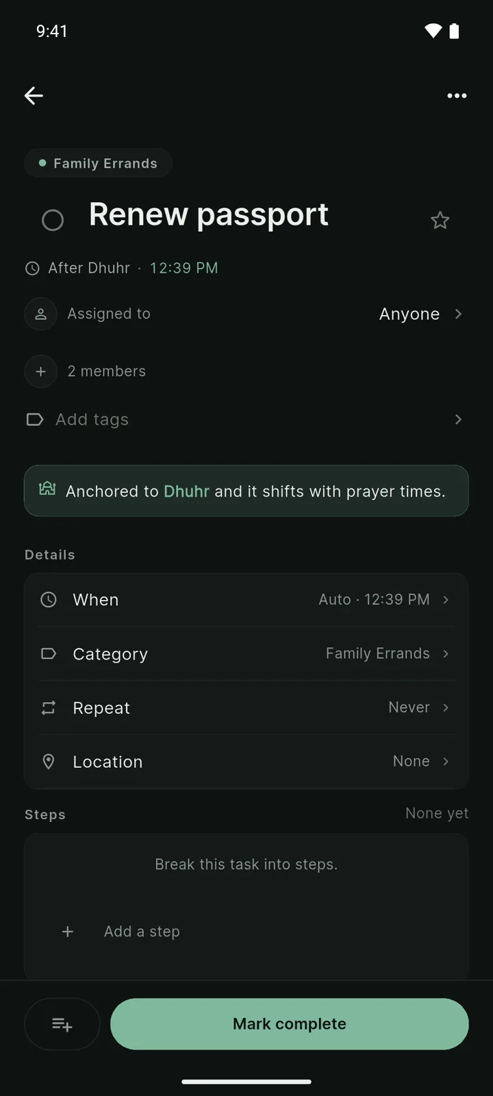 Task detail for 'Renew passport' in the shared Family Errands list, showing After Dhuhr and the banner 'Anchored to Dhuhr and it shifts with prayer times.'