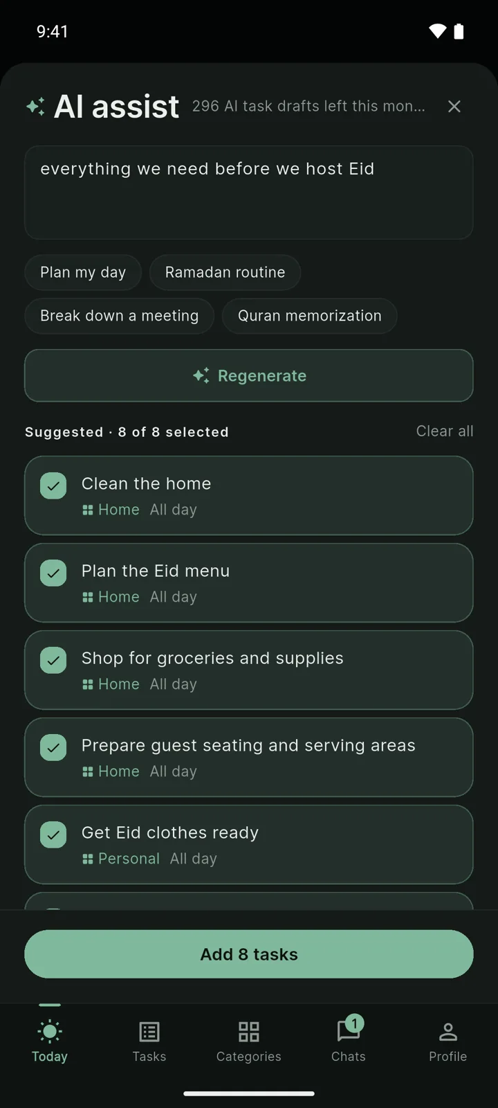 The AI assist sheet with the goal 'everything we need before we host Eid', eight suggested tasks with checkboxes, and an Add 8 tasks button