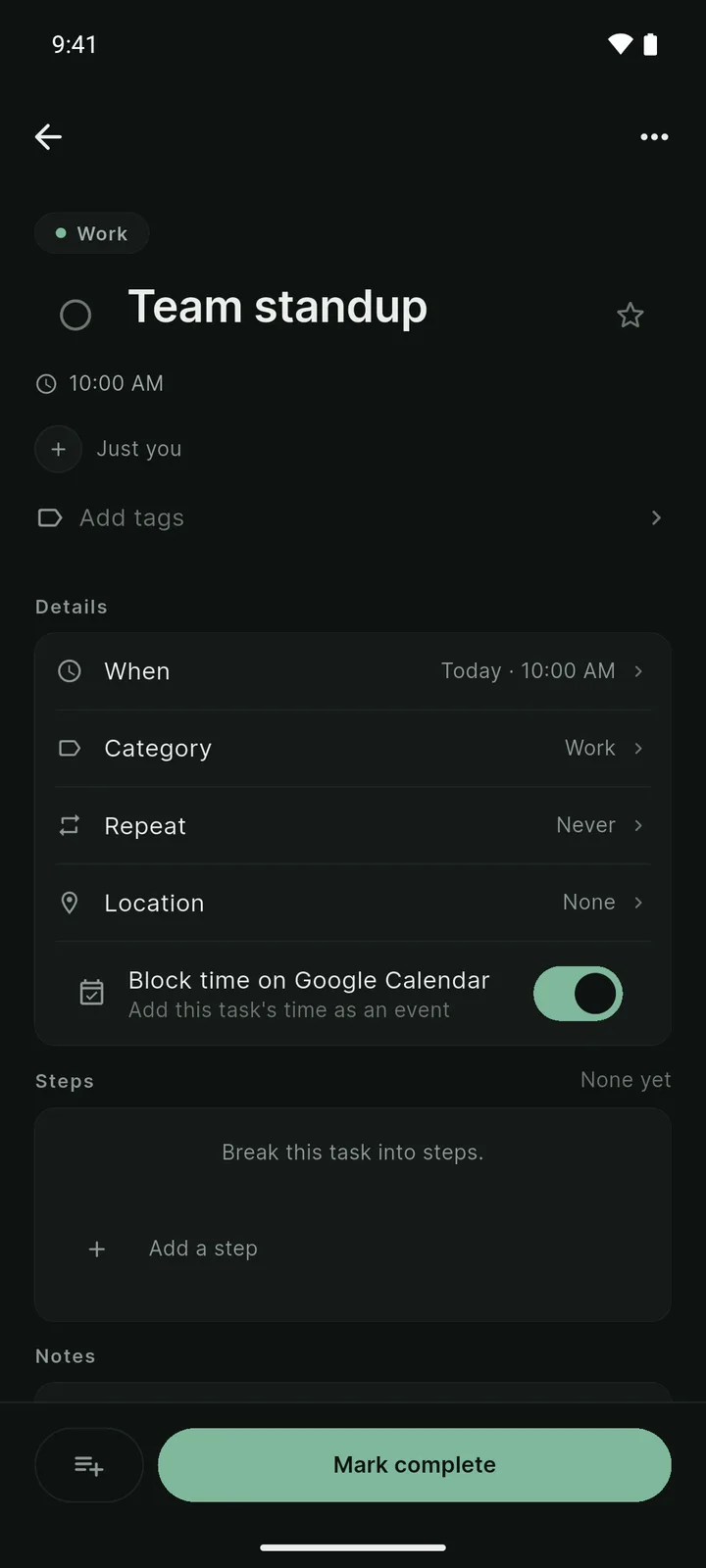 Task detail for Team standup at 10:00 AM with the Block time on Google Calendar toggle switched on