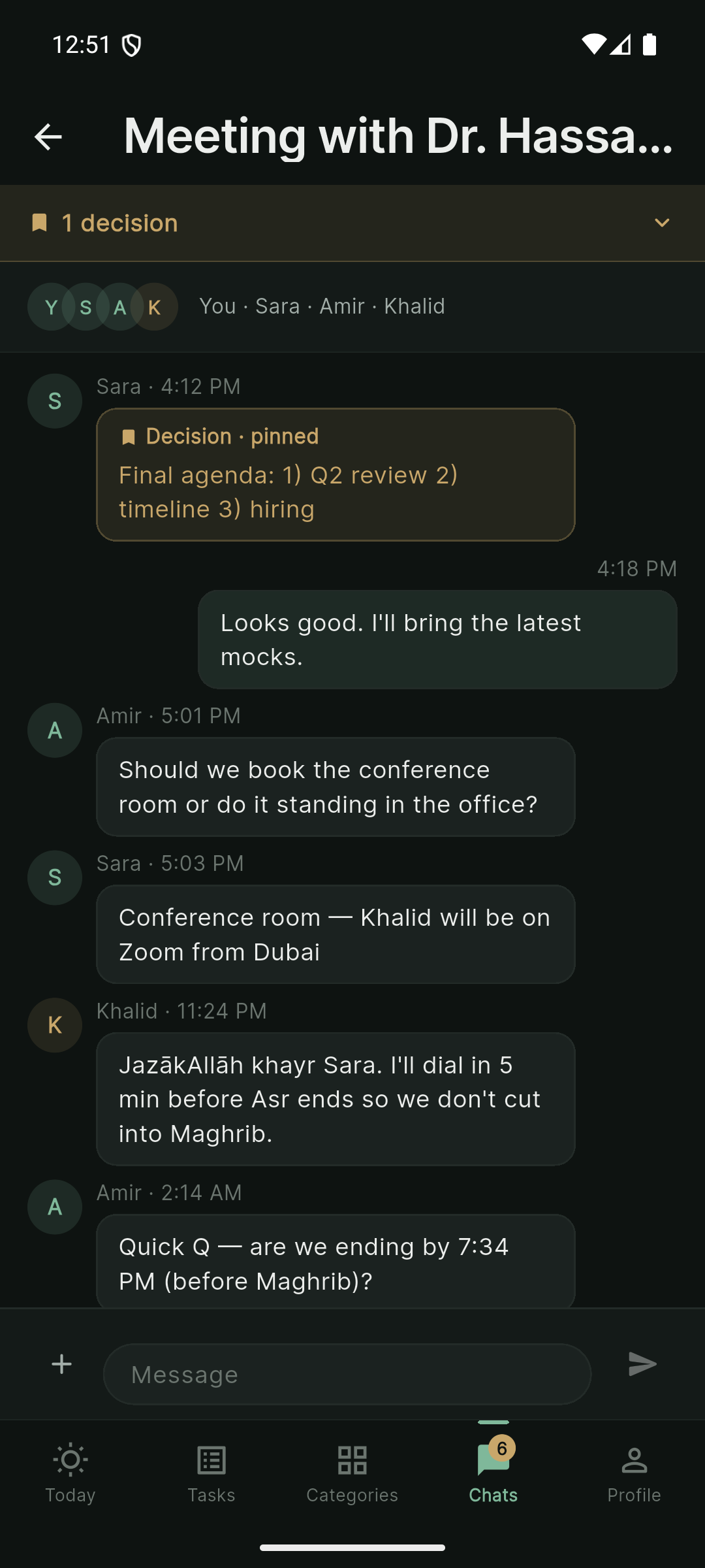 Chat thread Hassan meeting with four participants, a pinned decision card, and prayer-aware messages mentioning Asr and Maghrib