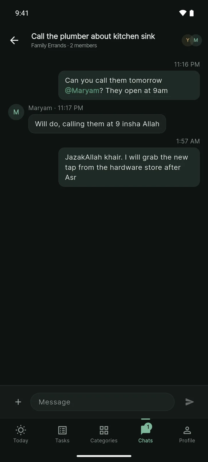 A shared task's thread in the Family Errands list, with warm messages between two members