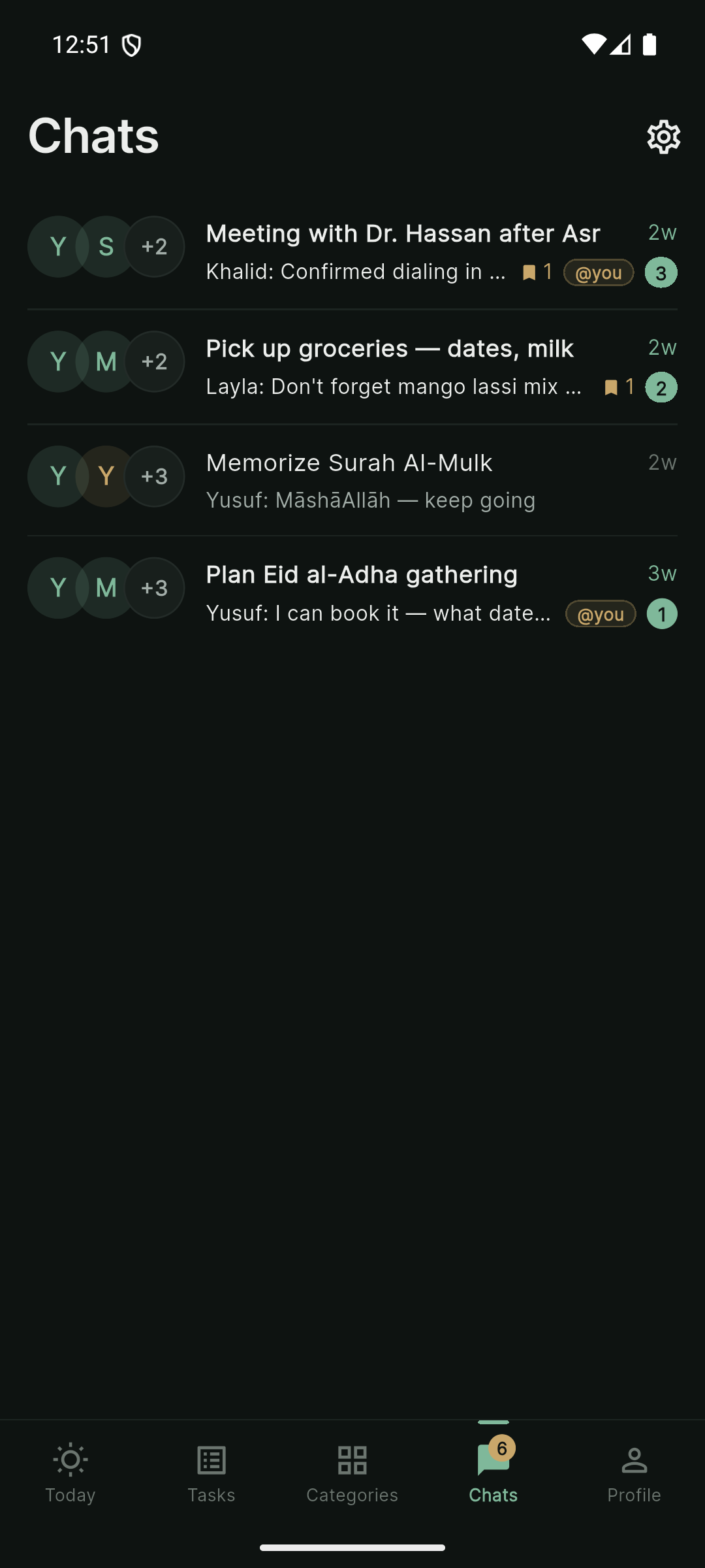 Chats list with task-specific threads, group avatars, mentions, and unread counts