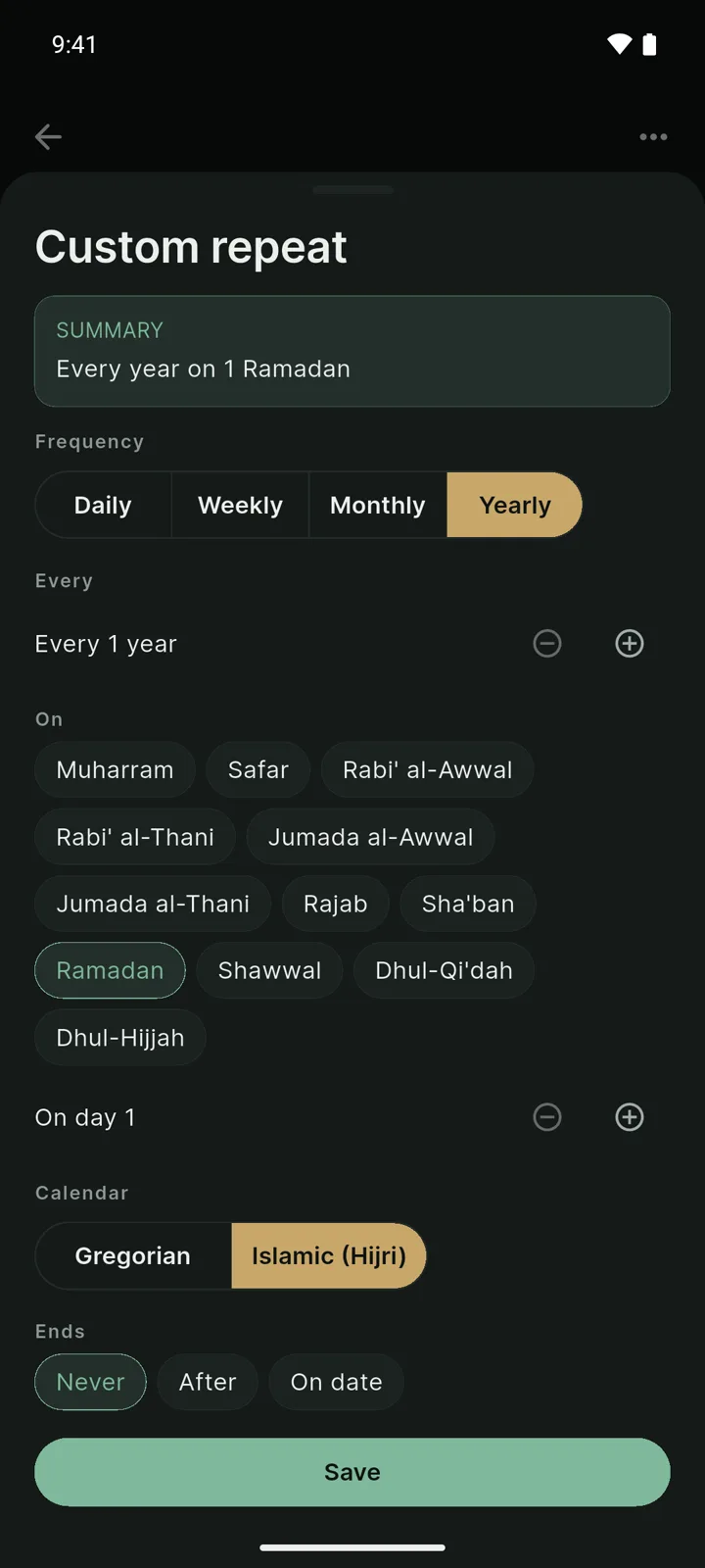 The custom recurrence editor with the basis toggle set to Hijri and the summary 'Every year on 1 Ramadan'