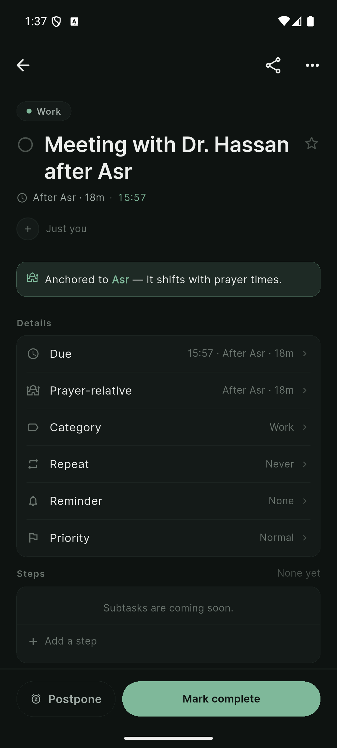 Task detail page with a prayer-anchor banner indicating the task shifts with prayer times