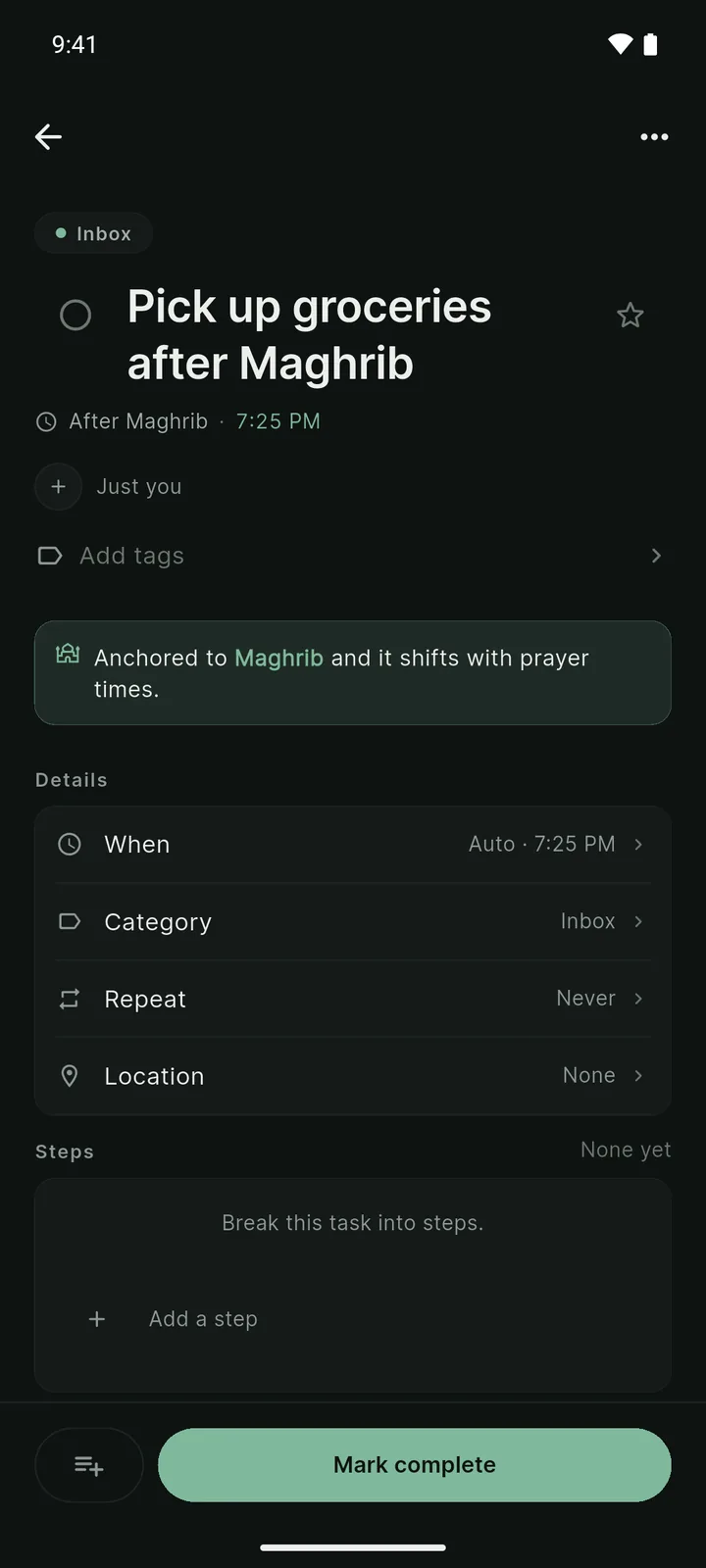 Task detail with the banner 'Anchored to Maghrib and it shifts with prayer times' and the resolved time 7:25 PM