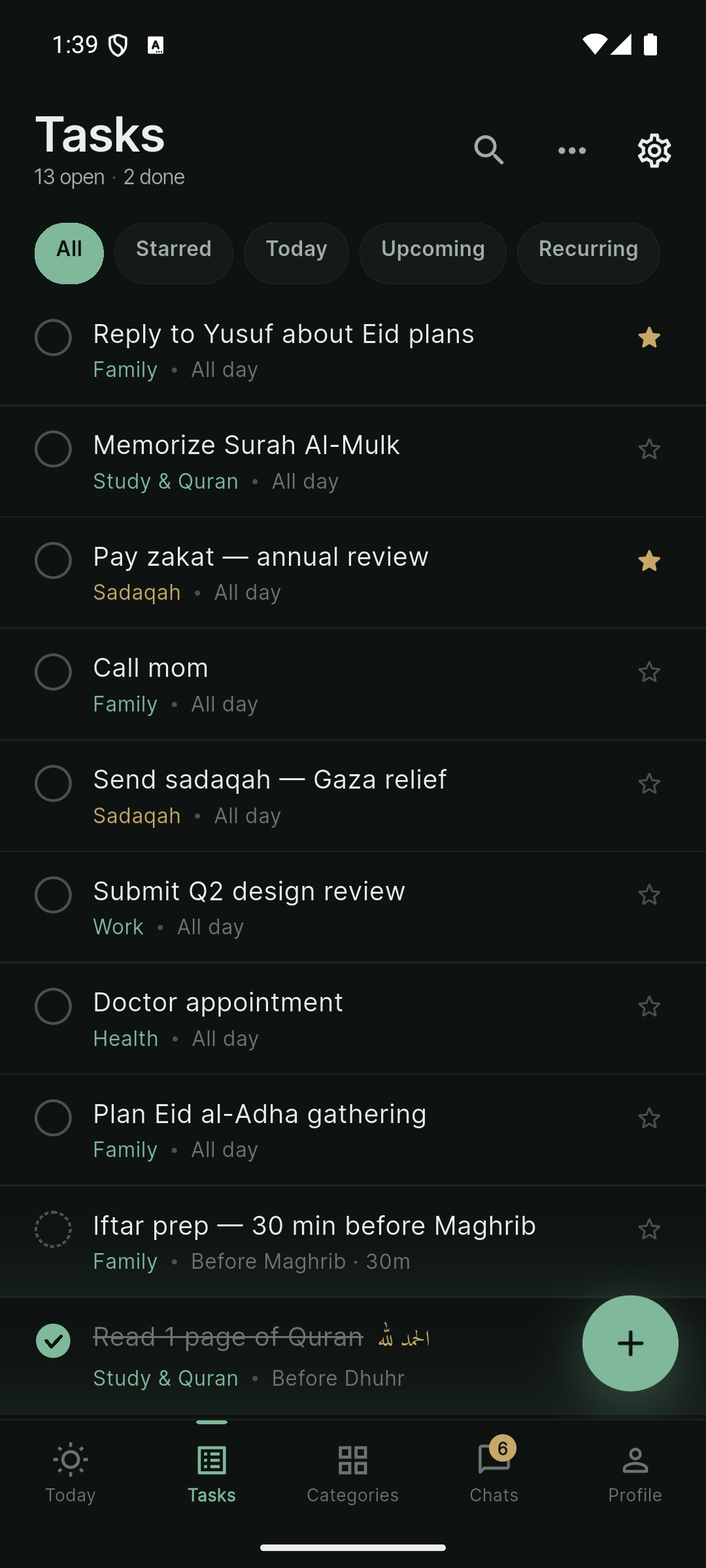 Tasks list with filter chips and a mix of starred, recurring, and prayer-anchored tasks